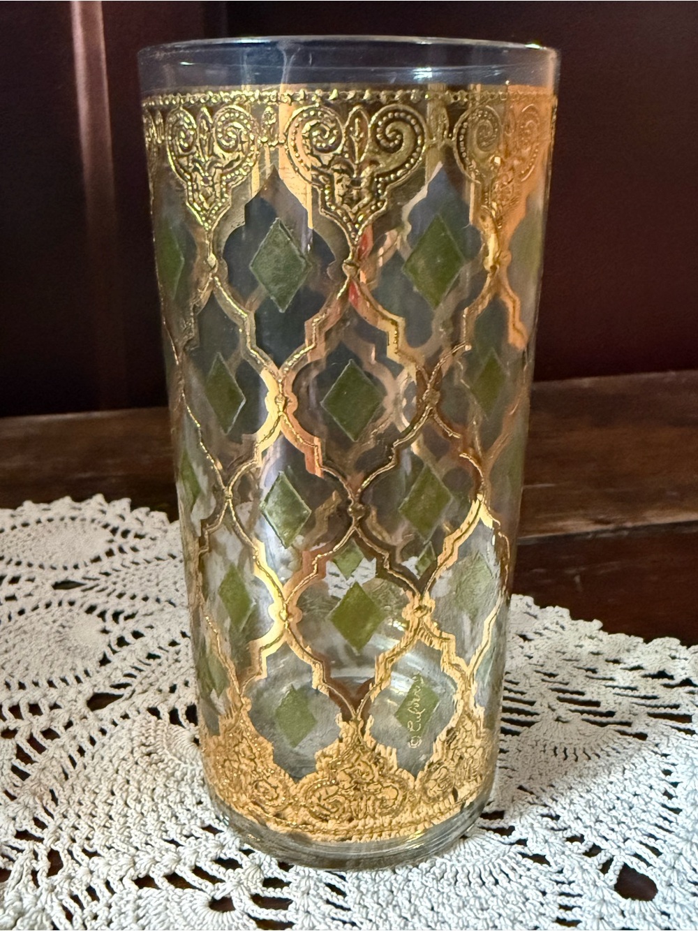 MCM Culver Valencia Pattern High Ball Glass with Gold and Green